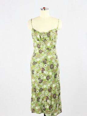 Aritzia WILFRED Bellow Green Floral Crepe Gathered Bust Midi Slip Dress, Size 2